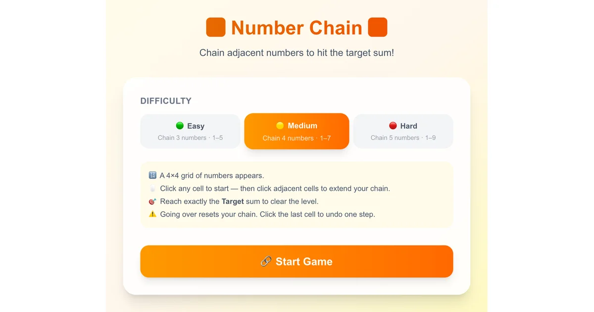 Number Chain - Math Path Puzzle Game | Connect Numbers to Reach Target Sum
