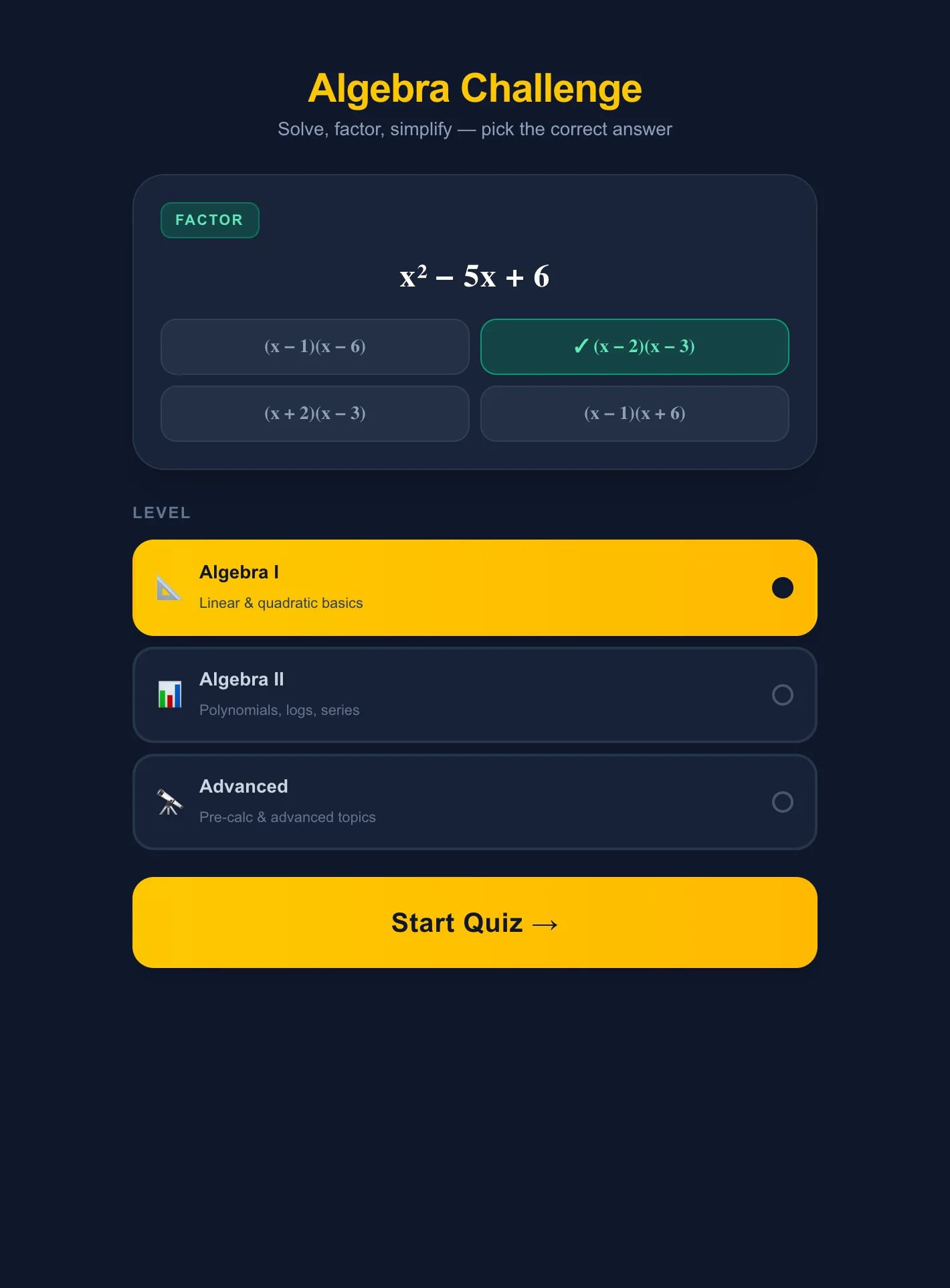 Algebra Challenge โ High School Math Quiz