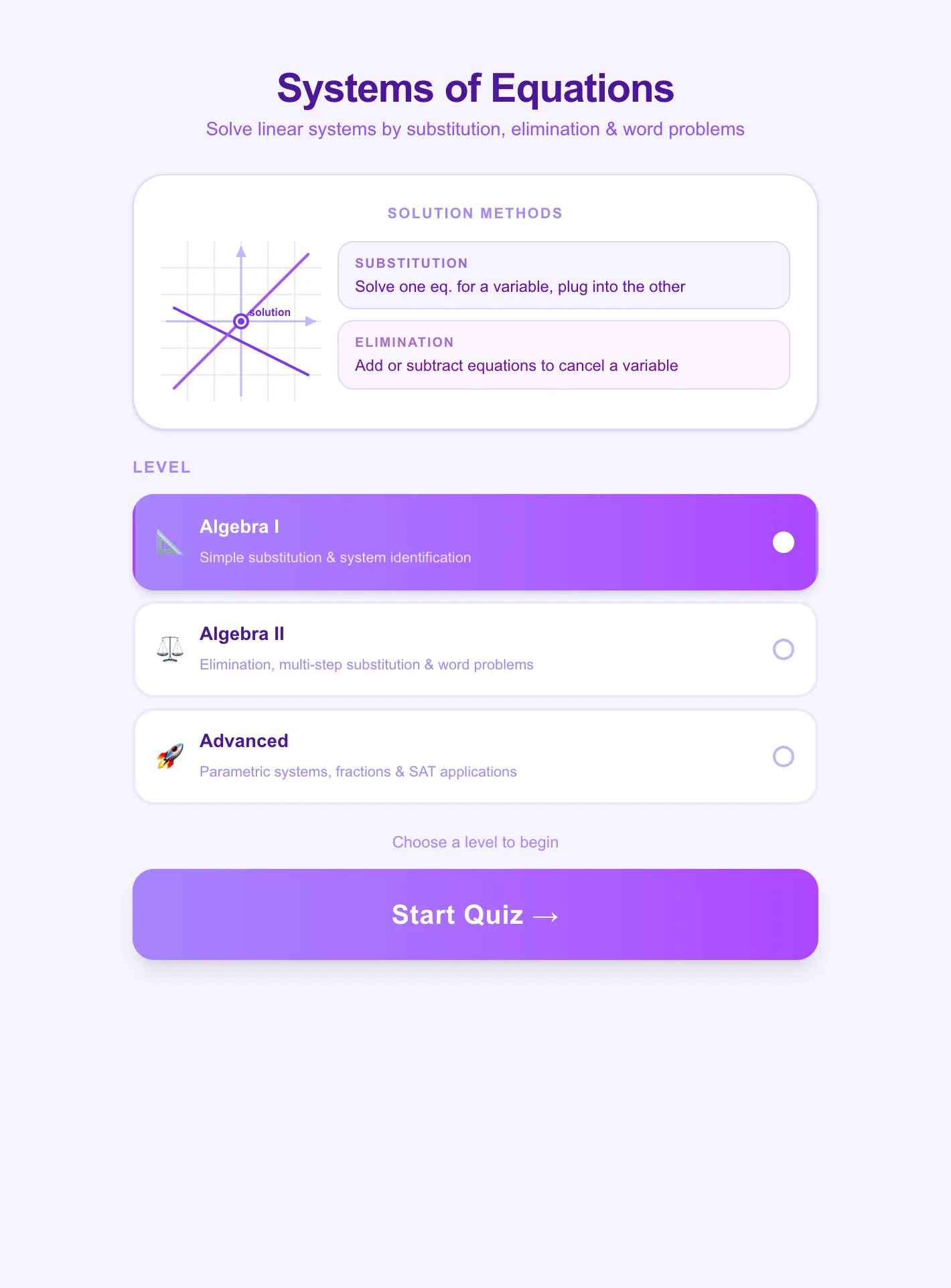 Systems of Equations โ High School Math Quiz