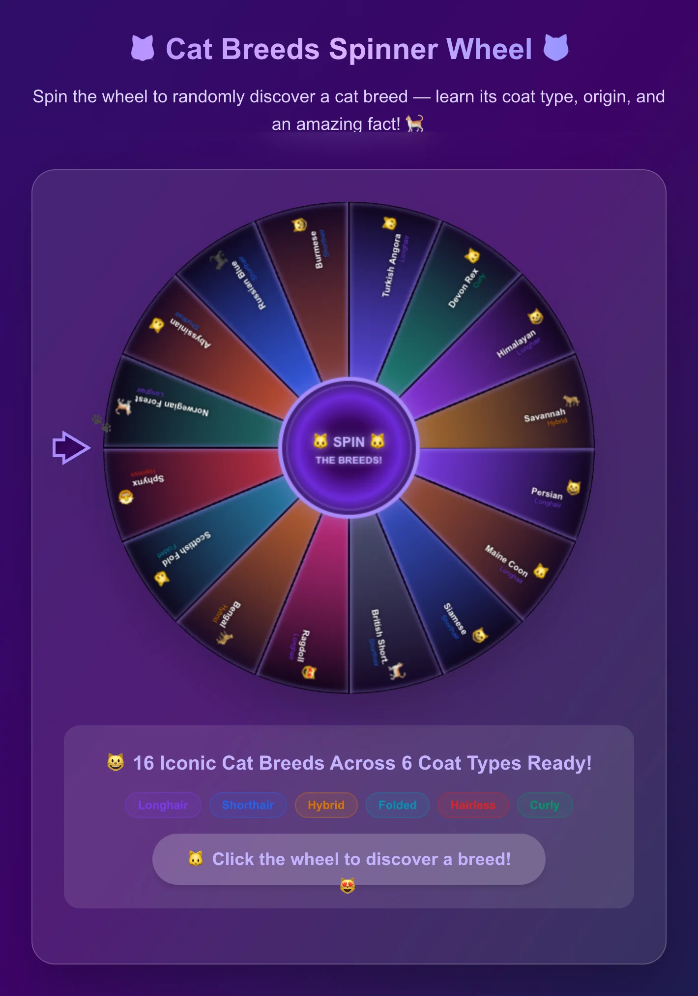 Cat Breeds Spinner Wheel - Random Cat Breed Picker