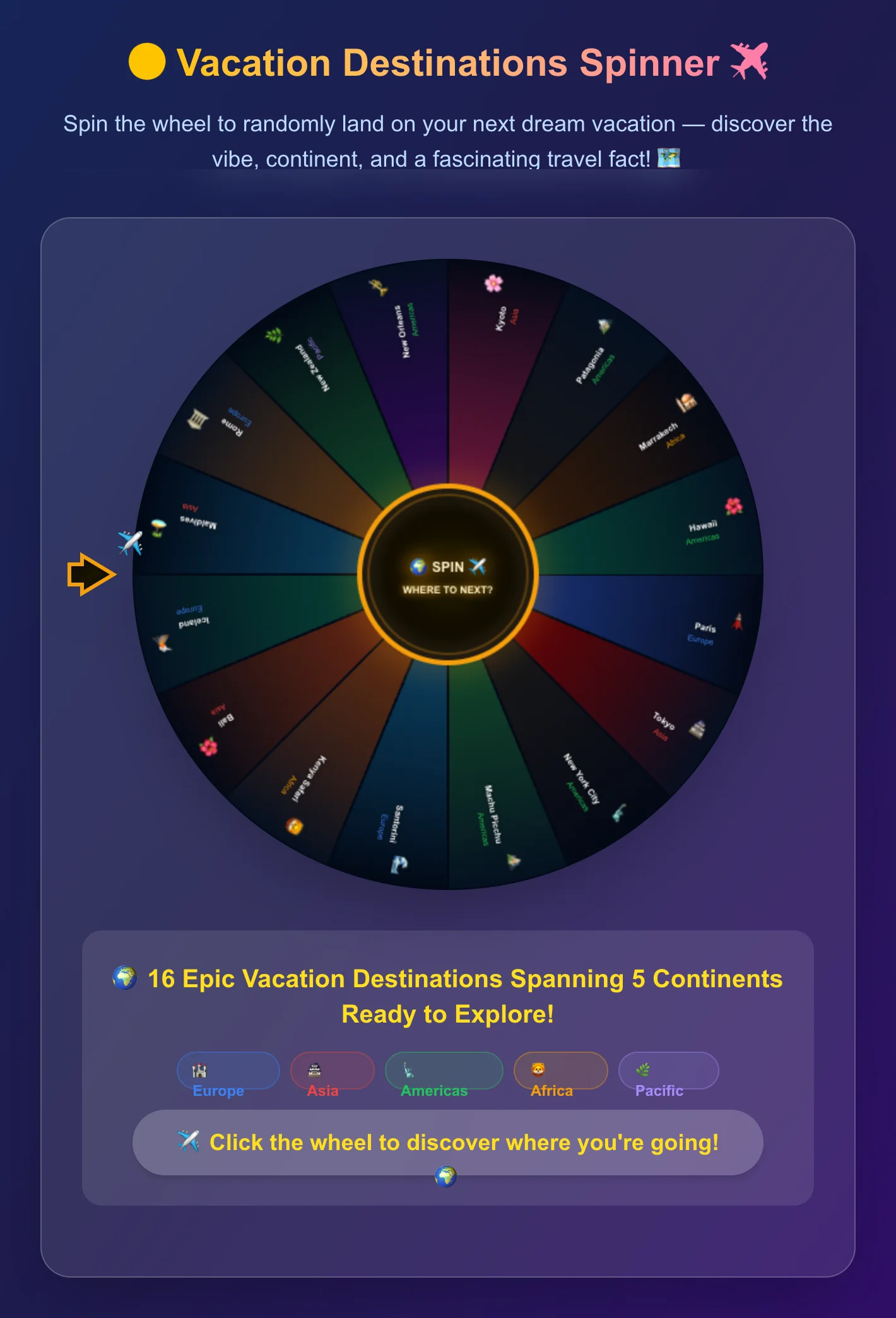 Vacation Destinations Spinner Wheel