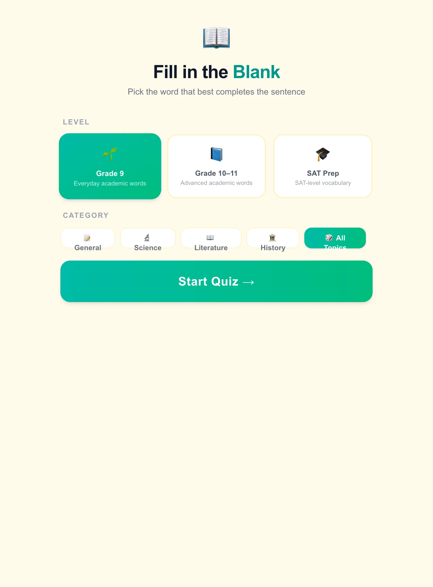 Fill in the Blank Vocabulary Quiz — Context Clue Word Game