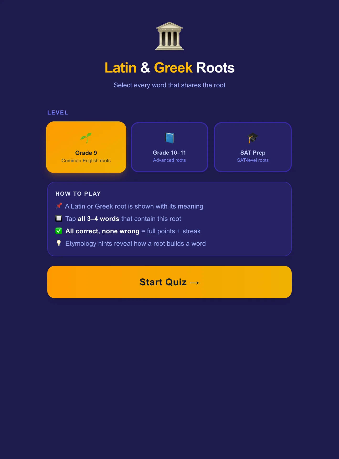 Gioco di Vocabolario: Radici Latine e Greche — Quiz sui Suffissi e Prefissi