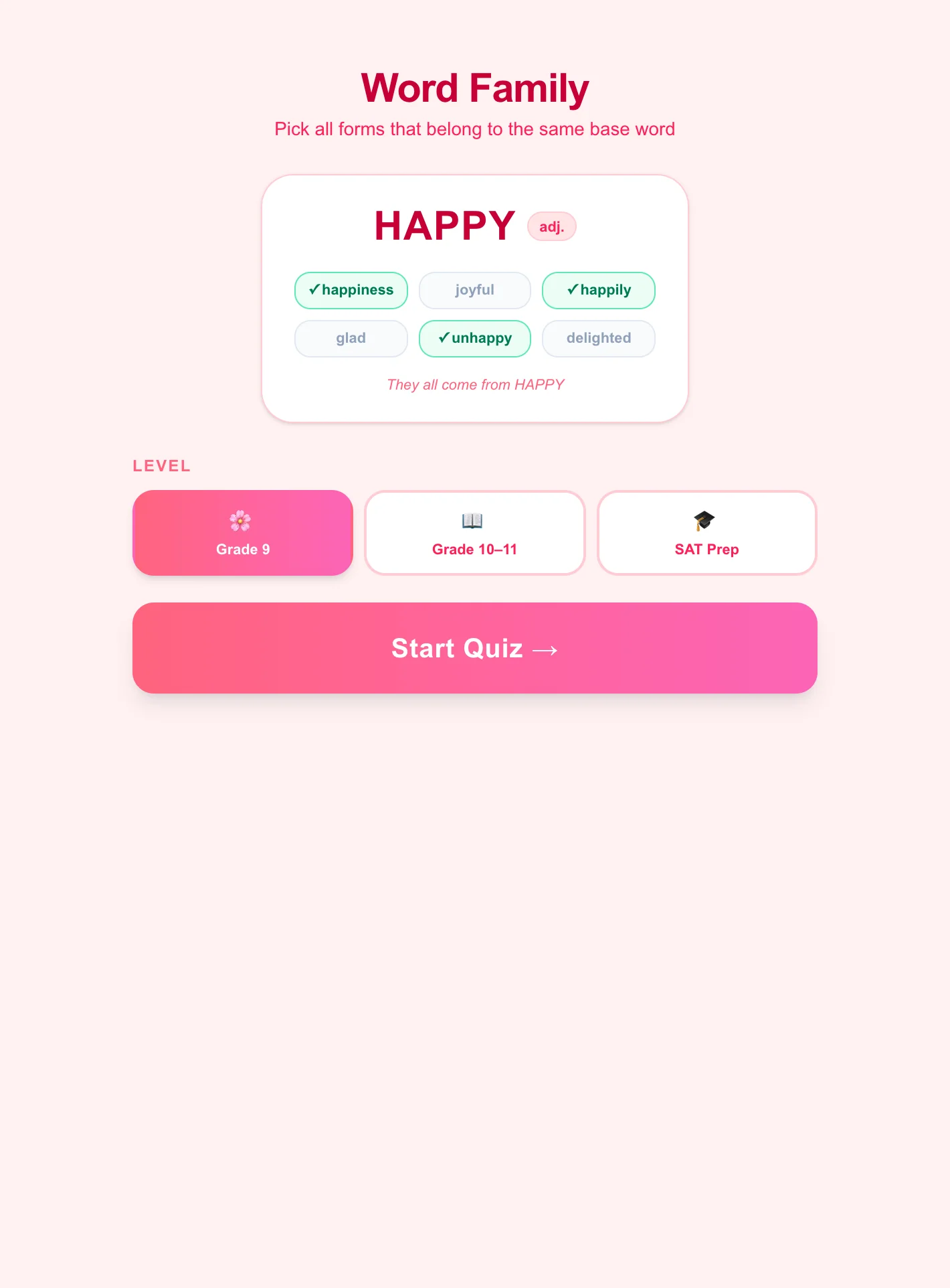 Word Family Vocabulary Game โ Morphology Quiz